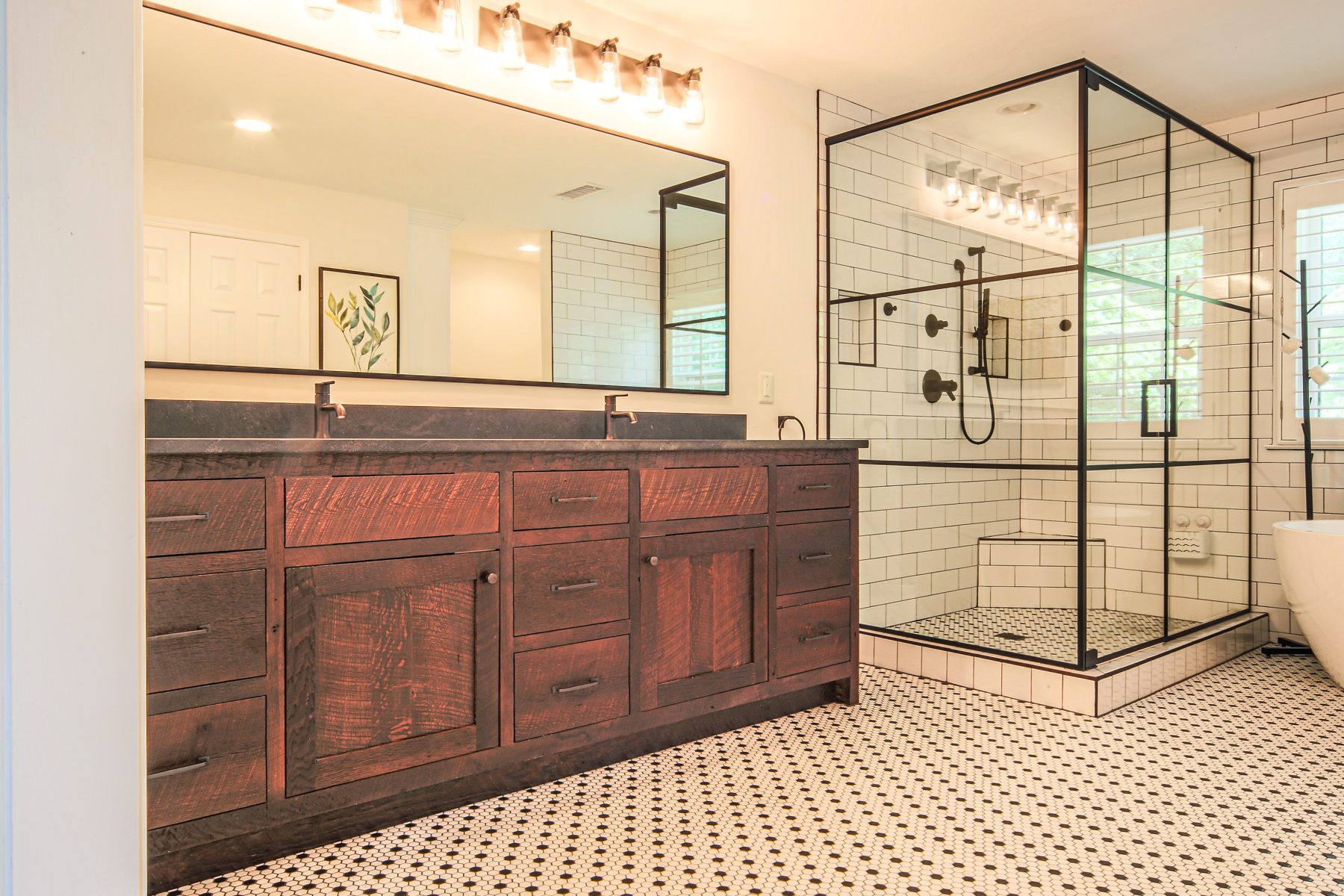 Rustic double vanity in a penny tile bathroom